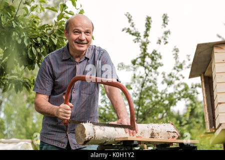 Reifer Mann mit Schnurrbart Holding eine Säge in der Hand. Sägen von Rundholz, Ernte brennholz Stockfoto