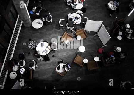 Eine Luftaufnahme der Brody Learning Commons Atrium mit einem dunklen Filter, 2016. Mit freundlicher Genehmigung von Eric Chen. Stockfoto