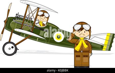 Cartoon Vintage Bi-Flugzeug und Piloten Vector Illustration Stock Vektor