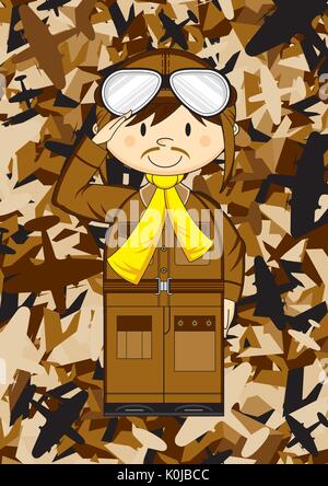Cute Cartoon salutierte Militär Luftwaffe Pilot Vector Illustration Stock Vektor