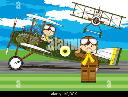 Cartoon Vintage Bi-Flugzeuge und Piloten Vector Illustration Stock Vektor