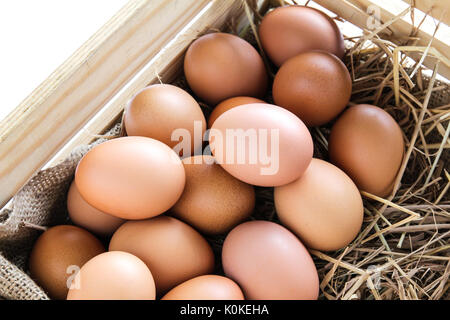 Eier in der Holzkiste. Stockfoto