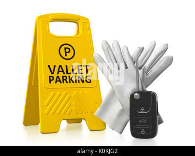 Autoschlüssel, Parkservice und weiße Handschuhe. 3D-Darstellung. Stockfoto