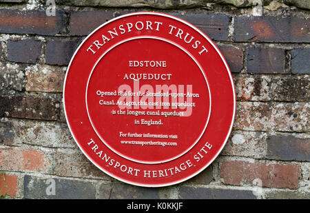 Plakette an edstone Aquädukt auf dem Stratford-upon-Avon, Warwickshire, Großbritannien Stockfoto