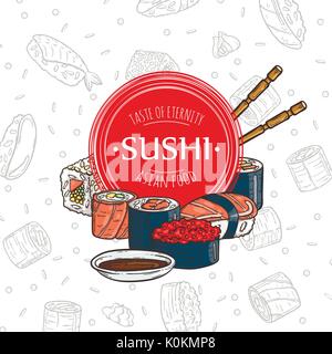 Doodle Sushi Restaurant und Lieferung design Vorlage. Asiatische Lebensmittel Komposition. Vector Illustration Stock Vektor