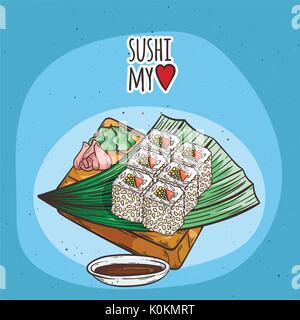 Doodle Sushi und Rollen auf Holz. Traditionelle japanische Gerichte Abbildung. Vektor Bild für asiatisches Restaurant Menü. Stock Vektor