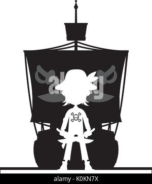 Cartoon Pirate und Piraten Schiff in Silhouette Vector Illustration Stock Vektor