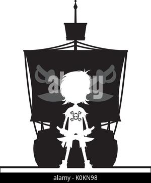 Cartoon Pirate und Piraten Schiff in Silhouette Vector Illustration Stock Vektor