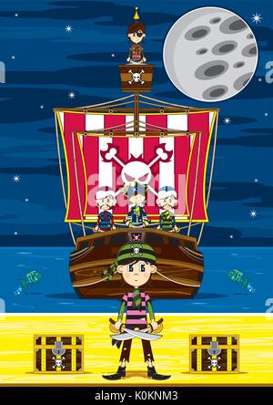 Cute Cartoon Pirate am Strand mit Schatztruhe Abbildung Stock Vektor
