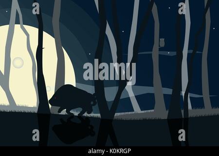 Wildlife Silhouetten Szene mit Wildschwein und Eule in der Nacht dunkle Wald. Vector Illustration Stock Vektor