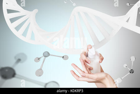 Weibliche Hände mit Sahne über DNA und Moleküle. Stockfoto