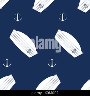 Weiß Seemann hut mit auf dunkelblauem Hintergrund verankern. nahtlose Muster Vector Illustration. Stock Vektor