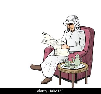 Arabischer Mann lesen Sie Nachrichten Papier auf dem Sofa im Wohnzimmer mit Kaffee, haben Platz für Text, Charakter Design - Vector Illustration Stock Vektor