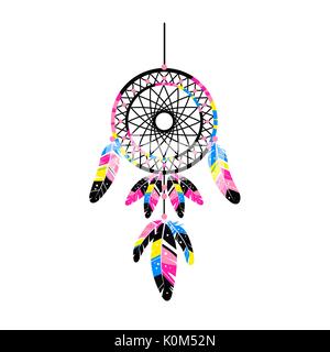 Dreamcatcher mit Federn, Edelsteine. Karte mit Kunst, Astrologie, Spiritualität, Magie Symbol. Ethnische tribal Element. Stock Vektor