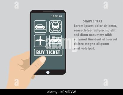 Flaches Design Stil Vector Illustration der modernen Smartphones mit Anwendung, Eintrittskarten für verschiedene Arten von Verkehr auf dem Bildschirm. Stock Vektor