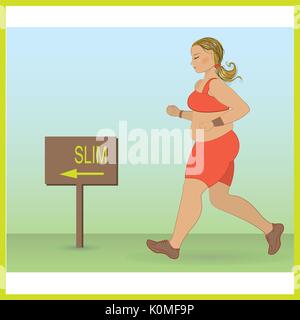 Cartoon fat girl Jogging, Gewichtsreduktion, Ausdauertraining, gesundheitsbewusste Konzept läuft Frau. Vektor Stock Vektor