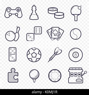 Spiele lineare Symbole. Ping-pong, Golf, Billard, Dart Freizeitaktivitäten. Glücksspiel, sport spiel Zeile für Symbole. Stock Vektor