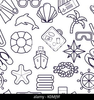 Beach, Resort nahtlos. Palm, Sonnenbrille, Flip Flops, Taucherbrille, Shell und andere Elemente Hintergrund. Marine Freizeitaktivitäten dünne Linie Kulisse. Stock Vektor