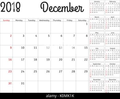 Einfacher Kalender Planer für 2018 Jahr. Vektor design Dezember Vorlage. Satz von 12 Monaten. Woche beginnt Sonntag. Kalender Planung Woche. Stock Vektor