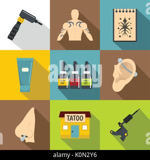 Tattoo salon Symbole, flacher Stil Stock Vektor