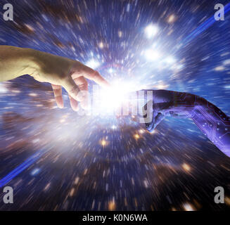AI Künstliche Intelligenz cyborg Hand Gottes erreicht der menschlichen Finger eine einzigartige intelligente Verständnis zwischen huanity Wissenschaft Roboter eine zu erstellen Stockfoto