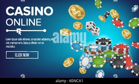 Online Casino Poster Vektor. Poker Gambling Casino anmelden. Helle Chips, Würfeln, Dollar Münzen. Sieger Glück Symbol. Jackpot Reklametafeln, Marketing Luxus Abbildung. Stock Vektor