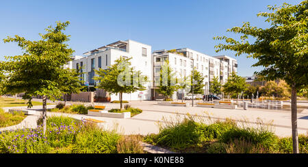 Deutschland, Baden-Württemberg, Heidelberg, Passivhaussiedlung Bahnstadt, Mehrfamilienhäuser, Platz, Springbrunnen, Passivhaus, Passivhausstandard, Wä Stockfoto