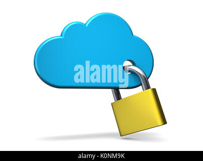 Cloud Computing und Digital Network Security Konzept 3D-Bild auf weißem Hintergrund. Stockfoto