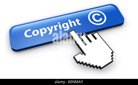 Copyright Symbol und das Symbol Konzept mit Hand Cursor klicken Sie auf eine blaue Schaltfläche "Web 3D-Abbildung auf weißen Hintergrund. Stockfoto