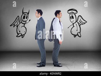 Digital composite von Gut und Böse Grafiken mit Unternehmer suchen in entgegengesetzte Richtungen Stockfoto