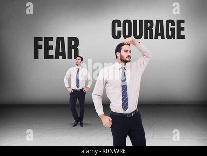 Digital composite von Angst und Mut, Text mit Unternehmer suchen in entgegengesetzte Richtungen Stockfoto