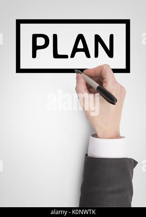 Digital composite von Hand Interaktion mit Plan business Text vor weißem Hintergrund Stockfoto