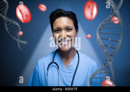Digital composite von Happy Arzt stehende Frau mit DNA-Stränge und Zellen Stockfoto