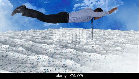 Digital composite der Geschäftsmann fliegt über Meer von Dokumenten unter himmel wolken Stockfoto