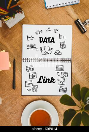 Digital composite der Tischplatte mit einem Notebook mit Web Graphics Stockfoto