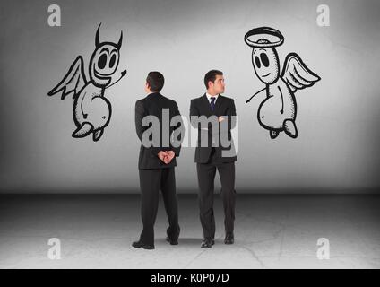 Digital composite von Gut und Böse Grafiken mit Unternehmer suchen in entgegengesetzte Richtungen Stockfoto