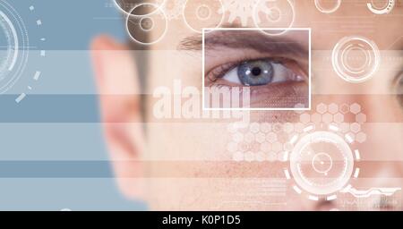 Digital composite der Mann mit Auge Fokus box Details und Linien Schnittstelle Stockfoto