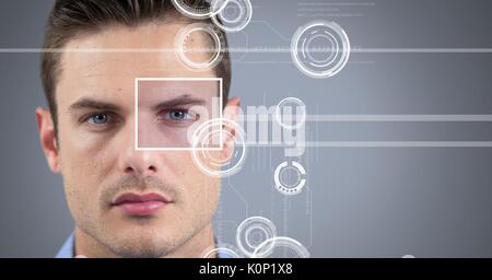 Digital composite der Mann mit Auge Fokus box Details und Linien Schnittstelle Stockfoto