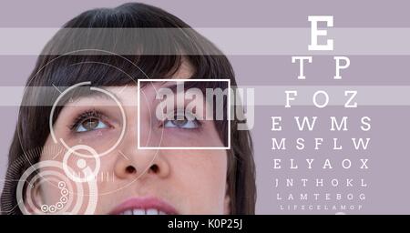Digital composite der Frau mit Auge Fokus box Details und Linien und Auge Test Schnittstelle Stockfoto