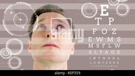 Digital composite der Mann mit Auge Fokus box Details und Linien und Auge Test Schnittstelle Stockfoto