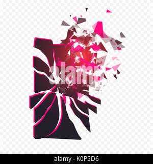 Bildschirm "Telefon" zerbricht in Stücke gerissen. Gebrochene Smartphone durch die Explosion auf transparentem Hintergrund aufgeteilt. Anzeige der Telefon erschüttert. Moderne Gadget muss repariert werden. Stockfoto