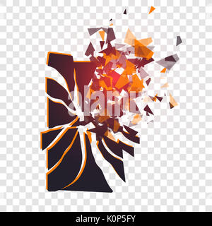 Bildschirm "Telefon" zerbricht in Stücke gerissen. Gebrochene Smartphone durch die Explosion auf transparentem Hintergrund aufgeteilt. Anzeige der Telefon erschüttert. Moderne Gadget muss repariert werden. Stockfoto