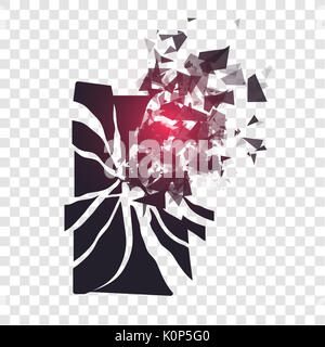 Bildschirm "Telefon" zerbricht in Stücke gerissen. Gebrochene Smartphone durch die Explosion auf transparentem Hintergrund aufgeteilt. Anzeige der Telefon erschüttert. Moderne Gadget muss repariert werden. Stockfoto