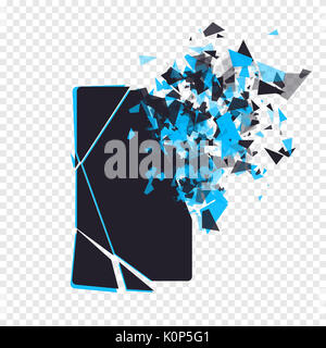 Bildschirm "Telefon" zerbricht in Stücke gerissen. Gebrochene Smartphone durch die Explosion auf transparentem Hintergrund aufgeteilt. Anzeige der Telefon erschüttert. Moderne Gadget muss repariert werden. Stockfoto