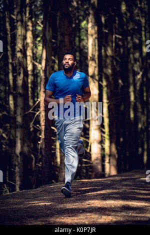 Junge Menschen, die auf der Straße von Bäumen im Wald Stockfoto