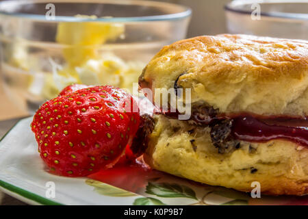 Obst Scone mit in Scheiben geschnittenen Erdbeeren auf der Seite mit Butter im Hintergrund Stockfoto