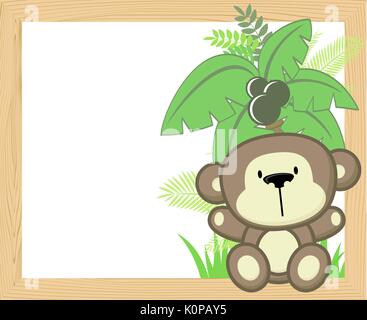 Cute Baby monkey mit tropischen Blättern und Palme auf leere Holz Rahmen für Kopie Raum, ideal für Kinderzimmer Kunst Dekoration oder scrapbooking Projekte Stock Vektor