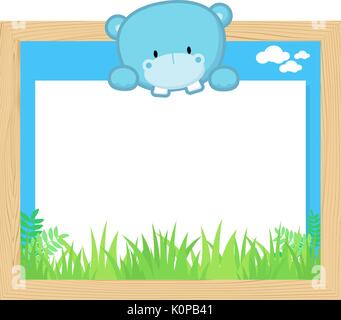 Holzrahmen mit niedlichen Baby Hippo und Blank Board für Copy space, Design für Kinder Stock Vektor