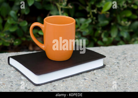 Bibel und eine orange Kaffeebecher im Freien. Stockfoto