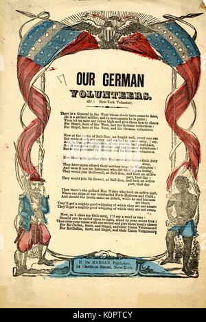 Breitseite aus dem amerikanischen Bürgerkrieg, der den Titel "Unsere deutschen Freiwilligen", dankte für die deutschen Freiwilligen, die sich für die Union und Stolz in Union militärische Führung, New York City, New York, 1863. Stockfoto